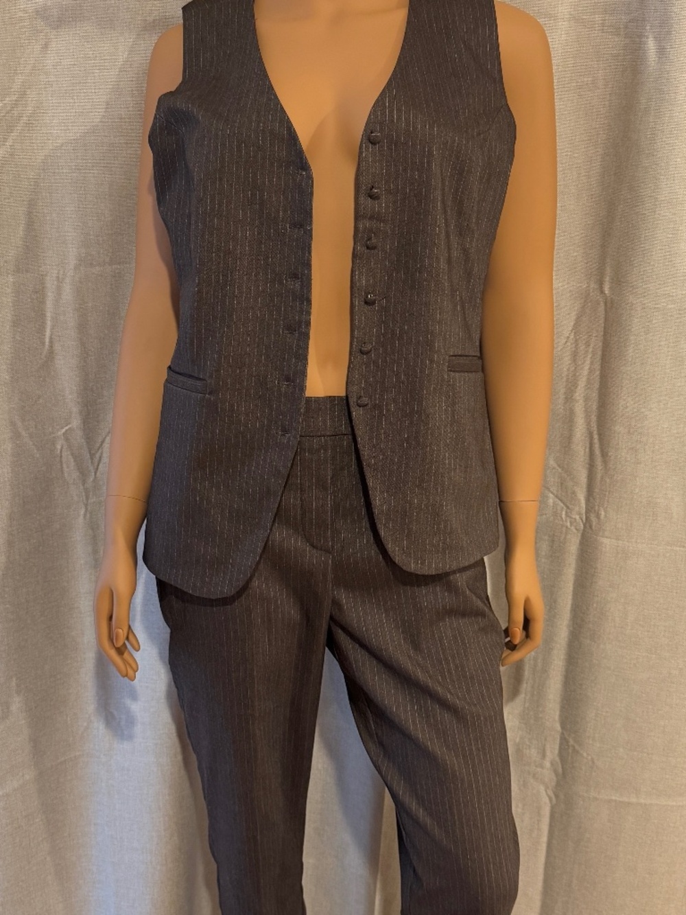Haver & Blair London Brown Pinstripe Vest & Pants Suit Set Small Petite